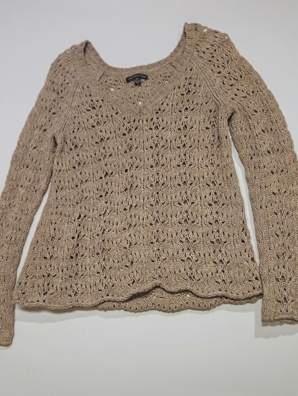 American Eagle Outfitters Beige Open-Stitch V-Neck Sweater
